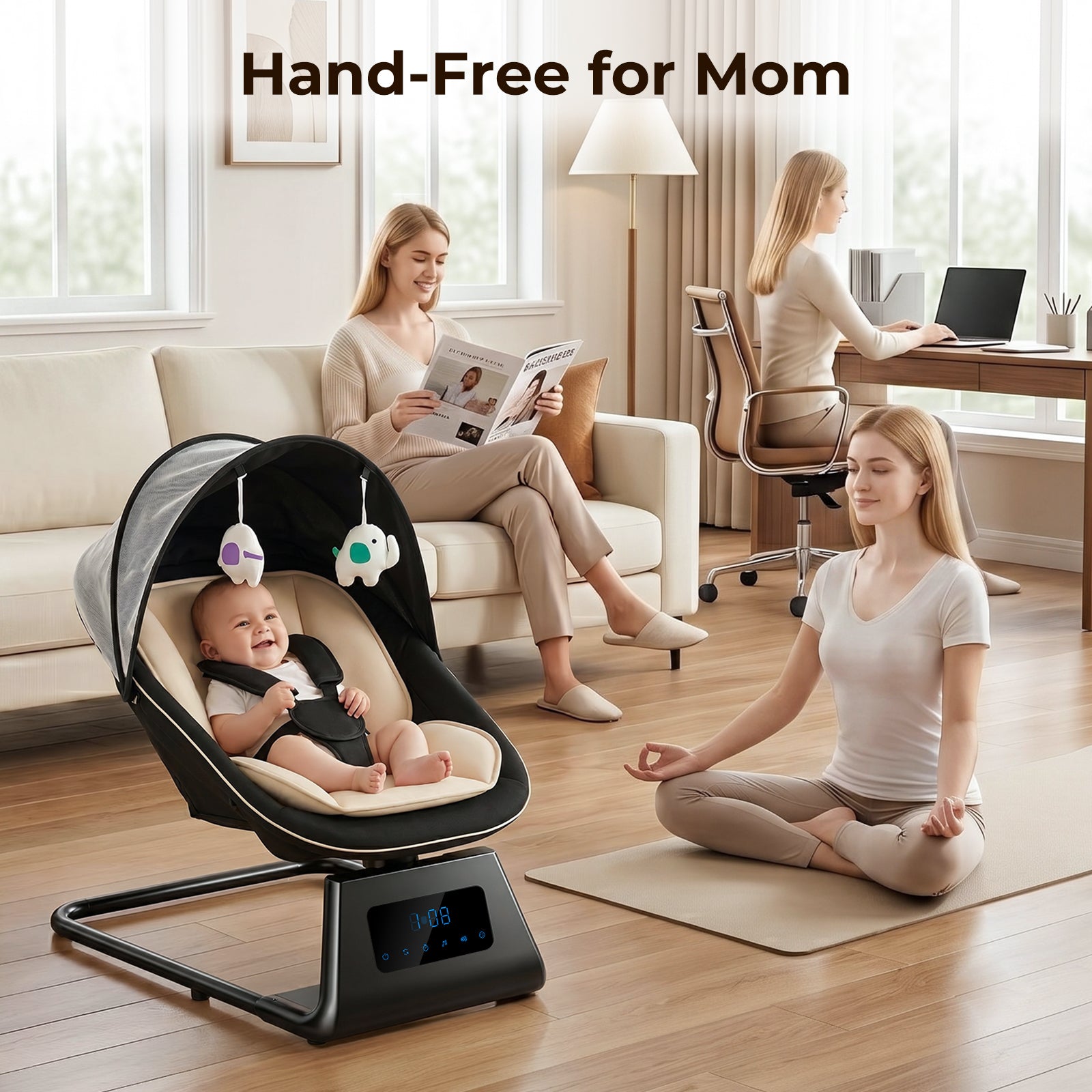 Pamo Babe Portable Baby Swing - Electric Baby Rocker with Cry Detection, 5 Swing Speeds, Bluetooth & Remote Control, Adjustable Backrest, Indoor & Outdoor Swing Chair for Newborn Babies