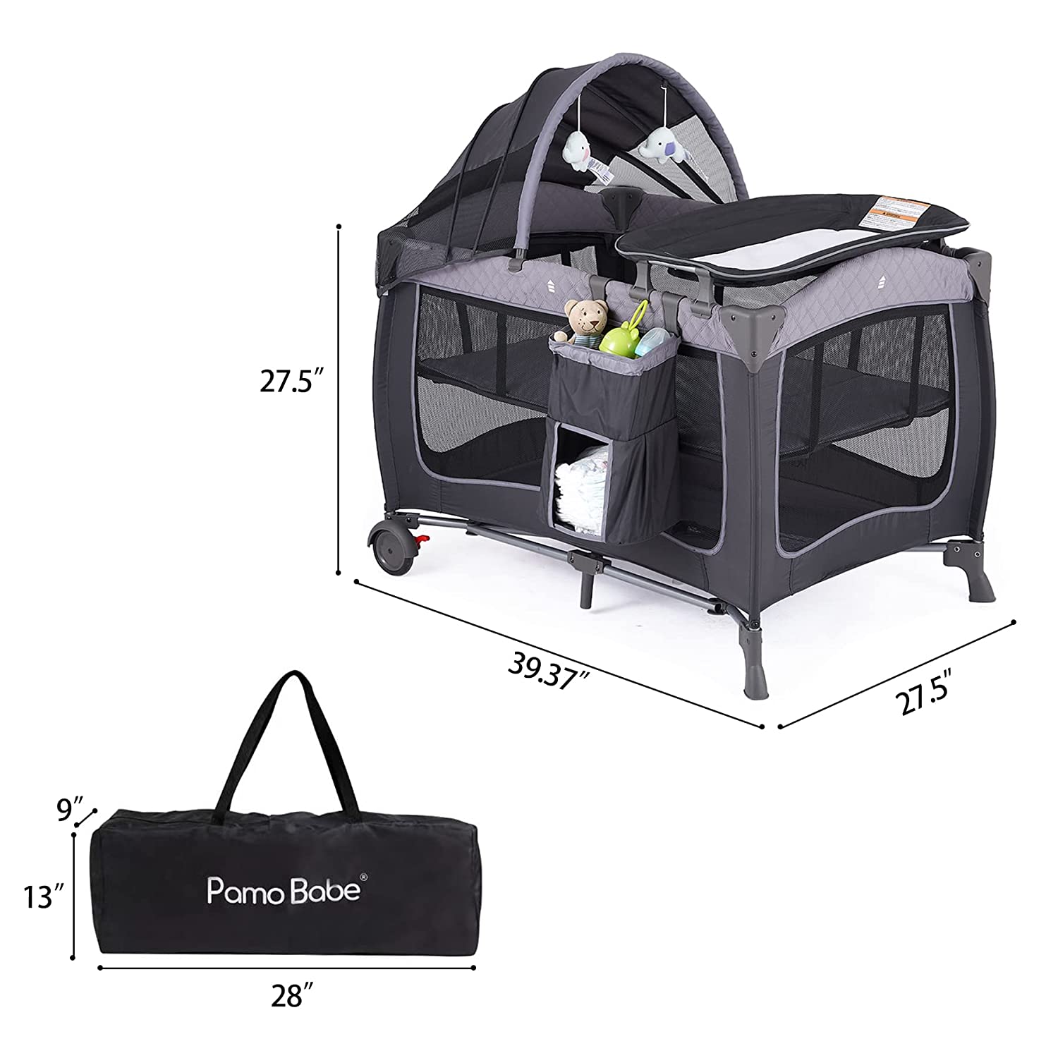 Pamo Babe Baby Playard with Canopy, Portable Crib with Changing Table