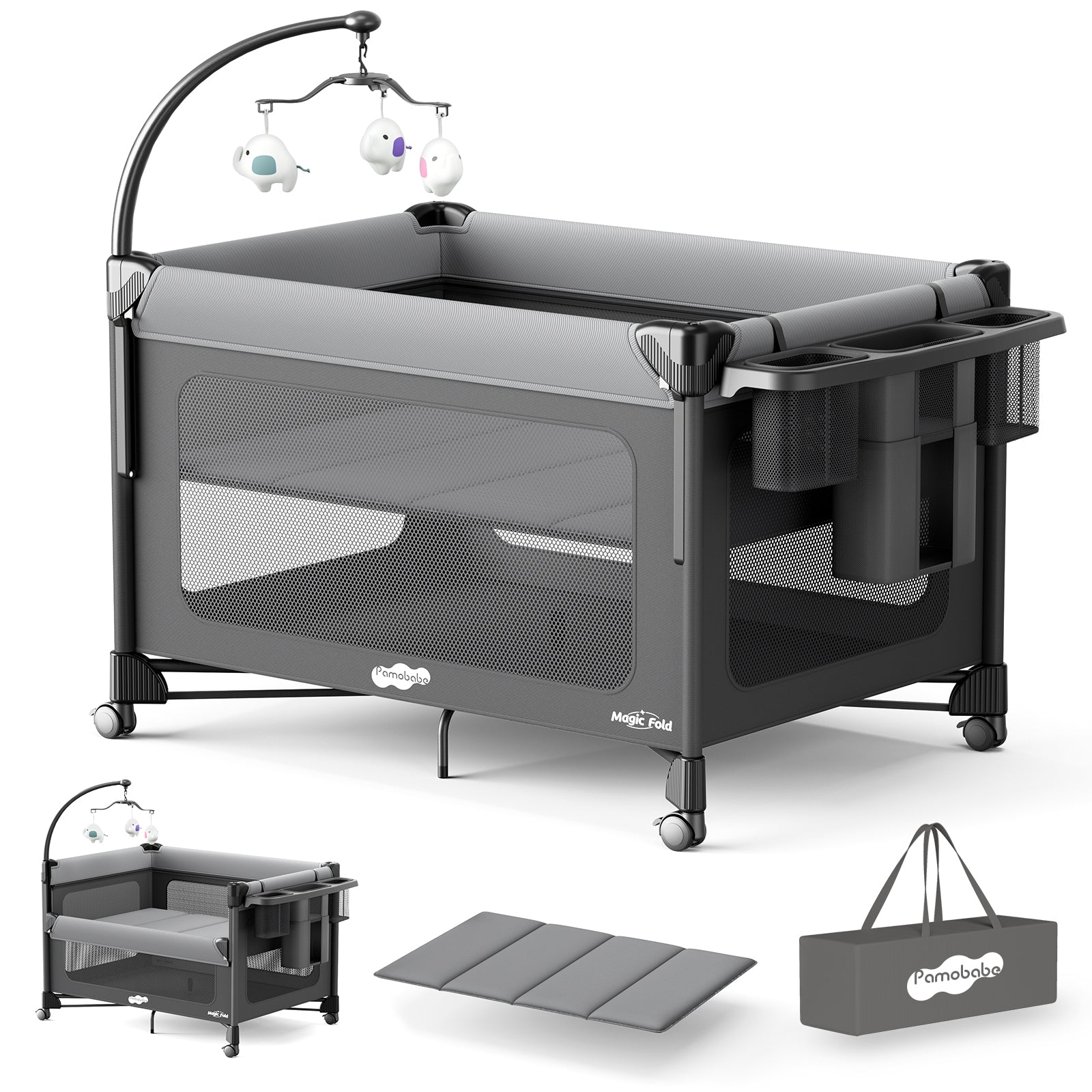 Pamo Babe 5 in 1 Pack and Play - One-Step Setup Bedside Crib, Portable Playard with Mattress, Toy Bar & Storage Bag