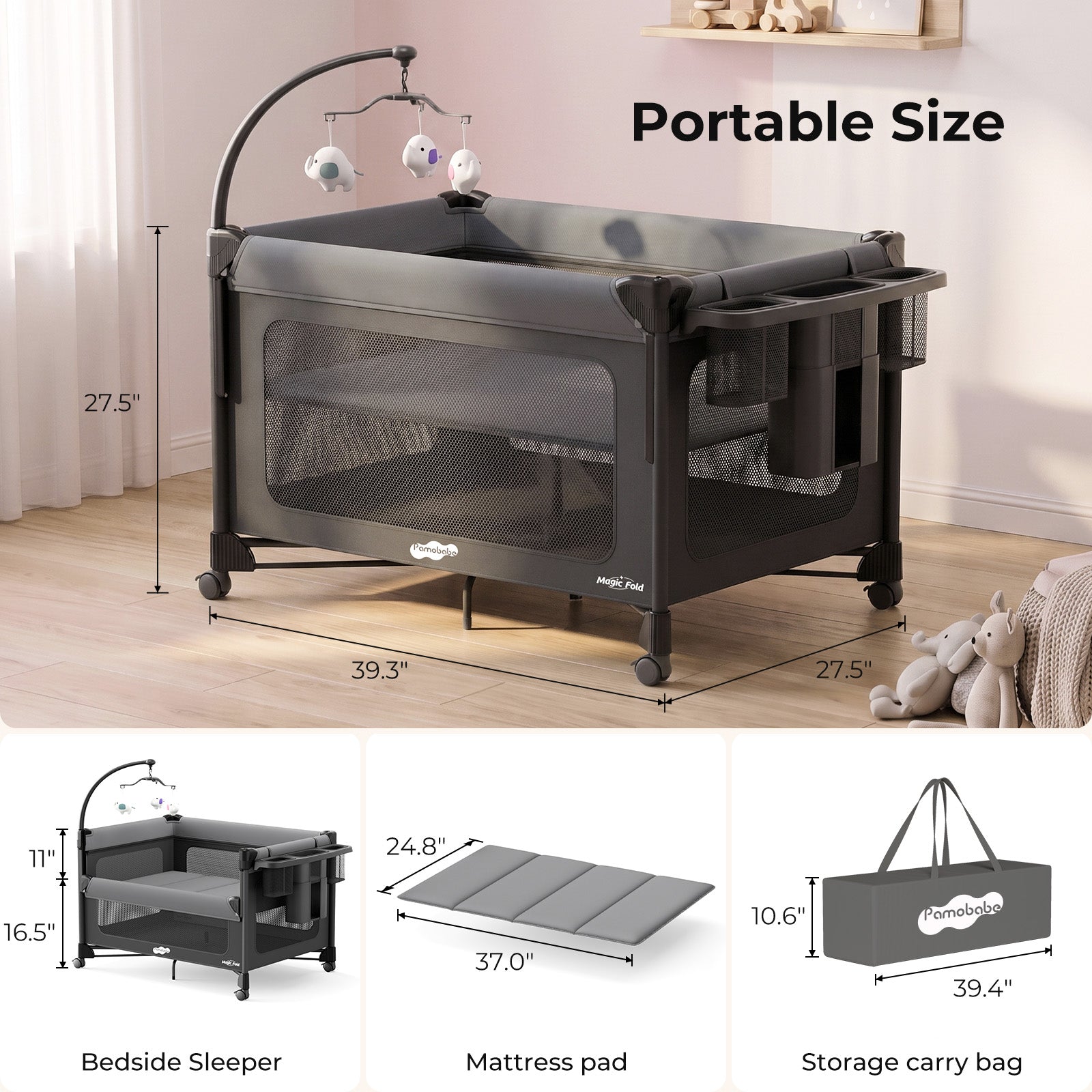 Pamo Babe 5 in 1 Pack and Play - One-Step Setup Bedside Crib, Portable Playard with Mattress, Toy Bar & Storage Bag