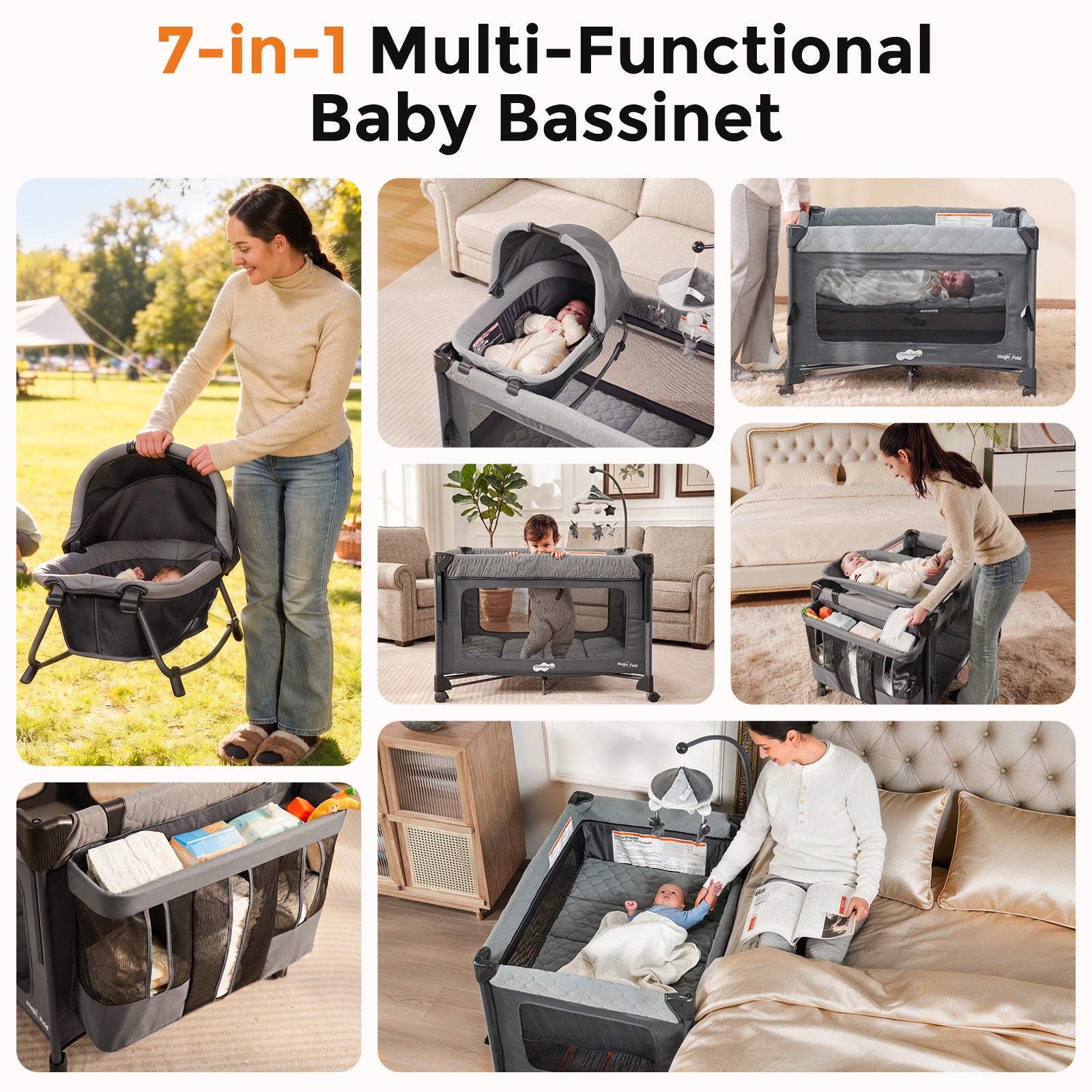 Pamo Babe Pack and Play with Bassinet - 7 in 1 One-Step Setup Bedside Crib, Portable Playpen, Travel Crib, Baby Playard with Diaper Changing Station, Toy Bar & Large Storage Bag